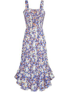 Women's Blue Floral Square Neck Strapped A LINE Floral Boho Long Maxi Dress